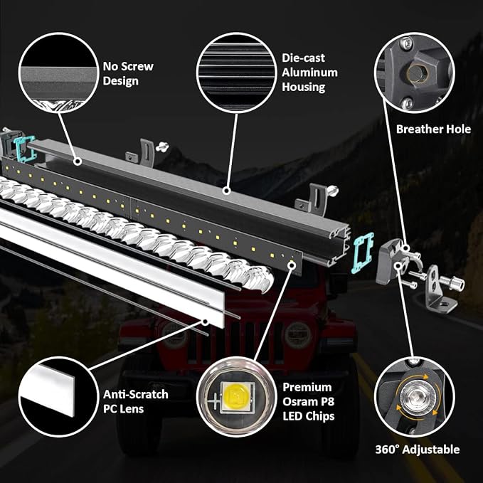 LASFIT 22 inch LED Light Bar, Slim Single Row, Spot Flood Combo Beam, IP67 Waterproof Front Bumper Grille Bar for 4Runner Tacoma Tundra Crosstrek GX LX UTV SxS Marine Boat - Image 8