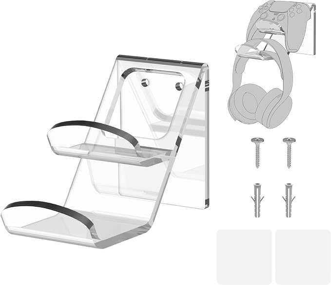 GEEKRIA Wall Mount Controller Holder, Acrylic Headphone & Gamepad Stand, Dual Storage Gaming Hook, Wall Mounted Headset Hanger for PS5 PS4 Xbox Controllers, Space Saving Organizer by GEEKRIA