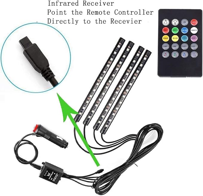 Car LED Strip Light,Uniwit 4 Pieces DC 12V Multicolor Car Interior Music Light LED Underdash Lighting Kit with Sound Active Function and Wireless Remote Control Including Car Charger - Image 4