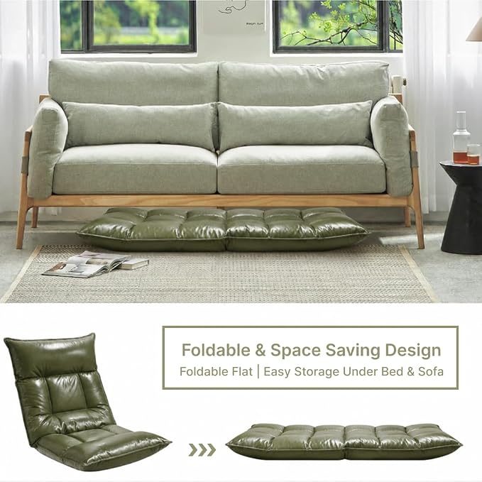 Floor Chair with Back Support, 42-Position Adjustable Gaming Chair for Adults, Faux Leather Floor Lounger, Reading Chairs with Neck Support, Foldable Floor Seat for Sleeping (Green Black) - Image 7