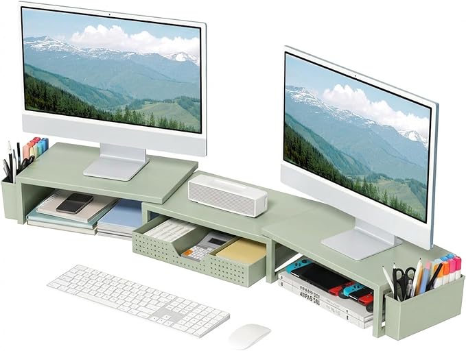 OPNICE Desk Organizers and Accessories, Dual Monitor Stand Riser with Drawer and 2 Pen Holders, Desk Shelf Computer Racks for Office Workspace Organizers, Desktop Organization (Sage Green) by OPNICE