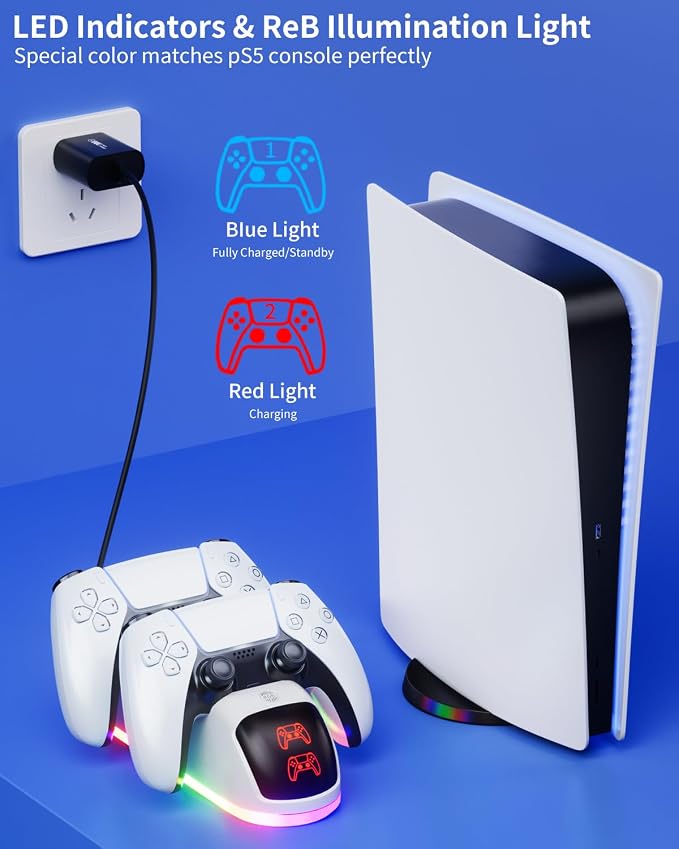 PS5 Controller Charger Station，Upgrade Version with 10 LED Mode & RGB Button, Safe Fast Charging and Overcharge Protection Dock for Dualsense PlayStation 5 Controllers - Image 3