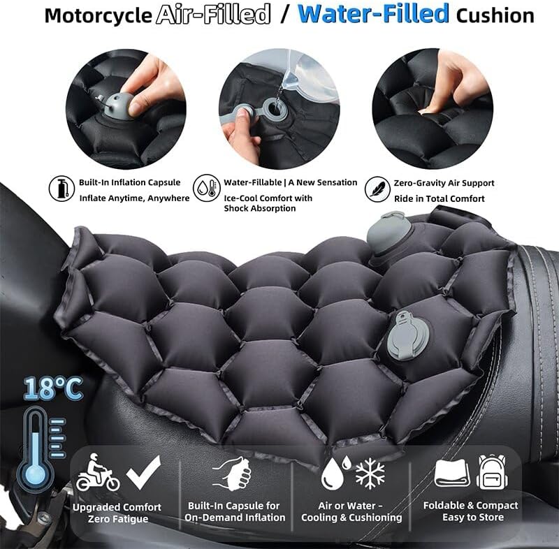 Inflatable Cooling Motorcycle Seat Cushion, Shock Absorbing Non-Slip Breathable Ergonomic Seat Pad for Long Ride Summer Rough Road Riding(black) - Image 2
