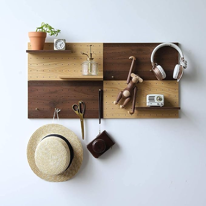 Wooden Pegboard Modular Display Organization Storage Wall Hooks Shelf 15.2in x 7.6in 2-Pack (Color:Walnut) - Image 5