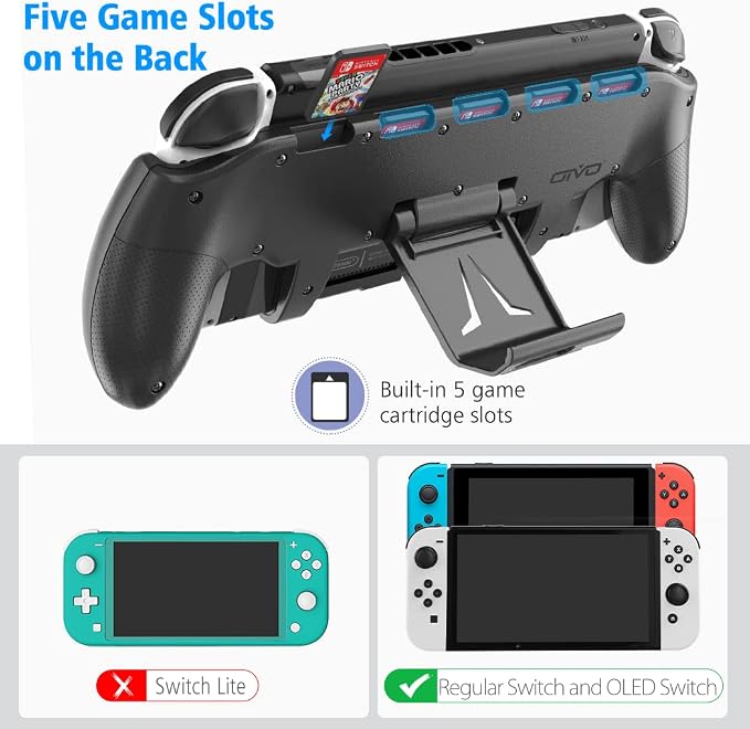 OIVO Switch Grip with Upgraded Adjustable Stand, Asymmetrical Grip with Adjustable Stand and 5 Game Slots-4 Thumb Caps Included, Black, Interactive Gaming Figures - Image 4