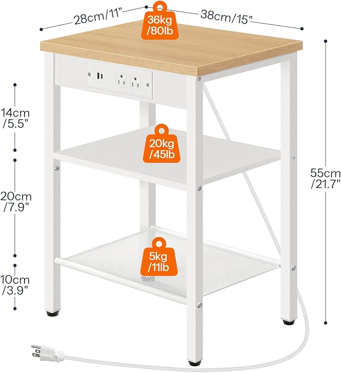 HOOBRO Side Table with Charging Station and USB Port, Small End Table for Small Space, 3-Tier Nightstand with Adjustable Shelf, for Living Room, Bedroom, Natural and White WN112BZ01 - Image 3