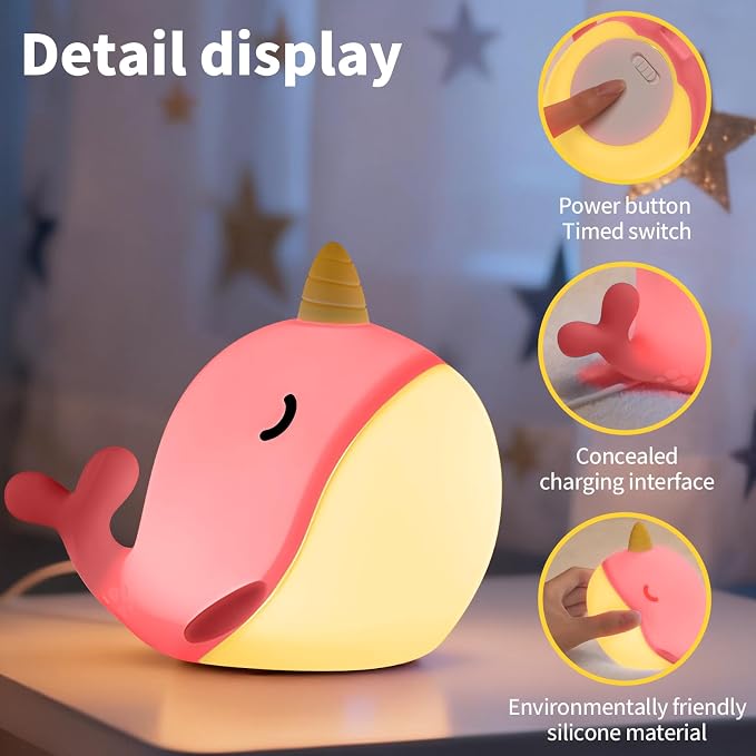 Cute Narwhal Night Light, Tap Control with 3 Warm White Brightness, USB Kids Bed Lamp with 30-Minute Timer, Soft Silicone Glow for Nursery, Birthday Gift (Pink Narwhal) - Image 4