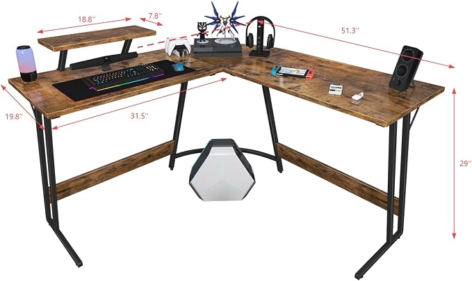 Homall L Shaped Gaming Desk Computer Corner Desk PC Gaming Desk Table with Large Monitor Riser Stand for Home Office Sturdy Writing Workstation (Classical Brown, 51 Inch) - Image 3
