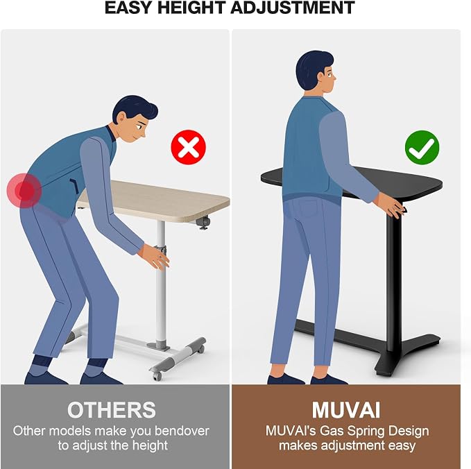 Muvai Overbed Bedside Table with Hidden Casters,30 Inches Adjustable Height Pneumatic Mobile Laptop Standing Desk, Rolling Computer Table for Home & Hospital Use ，Black 30" W x 17.7" D - Image 8