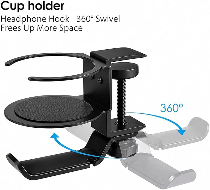 Foldable Aluminum Under Desk Headphone Hanger with Cup Holder, 2-in-1 Clamp-on Headset Stand & Drink Holder, Heavy Duty Gaming Headphone Hook for Office, Home, Gaming Desk - Black - Image 6