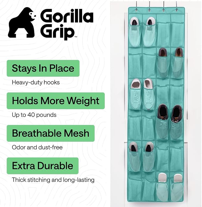GORILLA GRIP Over the Door Shoe Organizer, 24 Large Pockets, Turquoise - Image 2