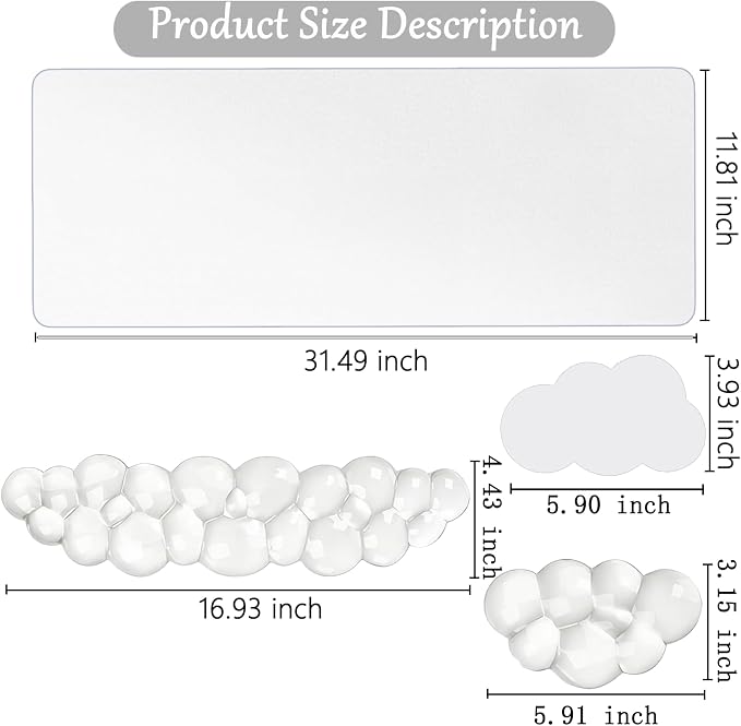 Gel Cloud Keyboard and Mouse Wrist Rest Set Cloud Silicone Clear Mouse Pad with Wrist Rest Extended Frosted Desk Mat Pad Acrylic Coaster Ergonomic Cute Wrist Pad for Computer Keyboard and Mouse 4PCS - Image 2