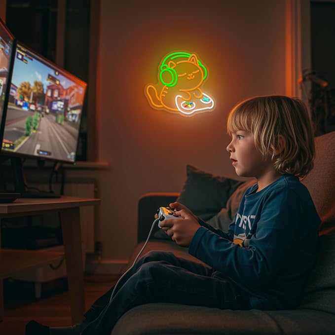 Cat Gaming Neon Sign for Wall Decor, Cute Gamer Cat LED Neon Light with Headphones & Game Controller, USB Powered Dimmable Gaming Room Neon Sign for Bedroom Desk Setup Man Cave Decor - Image 6