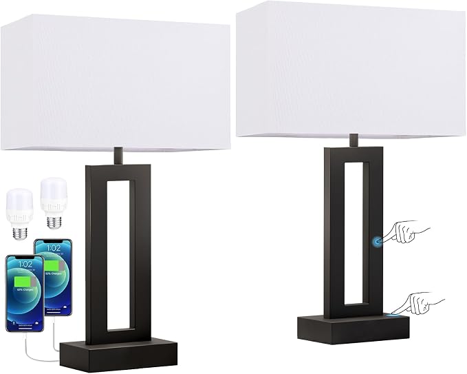 Nightstand Table Lamps for Bedrooms Set of 2 - Touch Bedside Lamp with USB C+A, 3 Way Dimmable Living Room Lamps for End Tables Set of 2, Modern Night Stand Lamps for Bed Side Guest Room(White) - Image 7