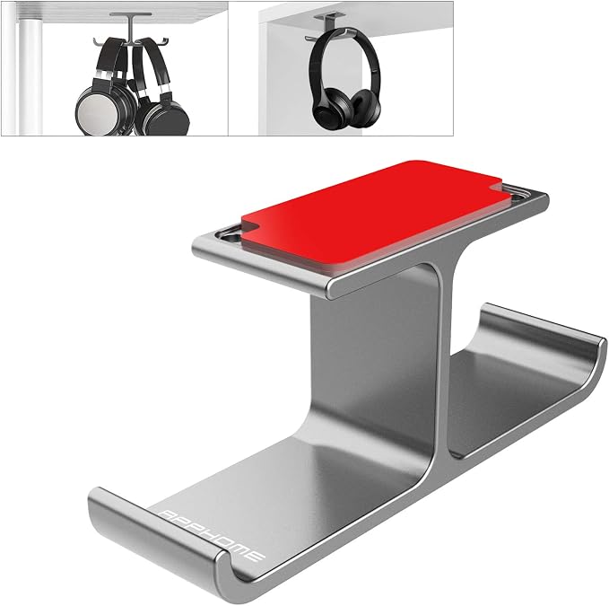 Headphone Hanger Stand Under Desk Hook Aluminum Stick-On Adhesive Dual Headsets Holder Mount PC Gaming Accessories for All Headphones by APPHOME