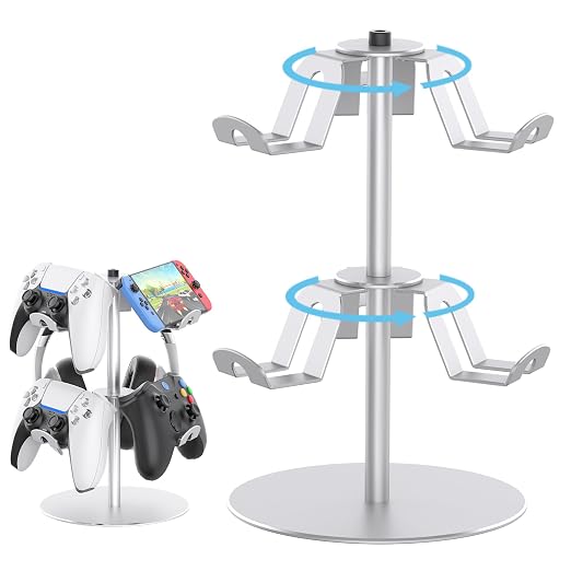 DGPCT Aluminum Rotating Controller Stand for Xbox/PS5/Switch, 2-Tier | 6 Hangers to Place, Holds Headset & Controllers, Stable Controller Organizer Rack, Fits for Switch Pro/PS4 and More, Silver by DGPCT