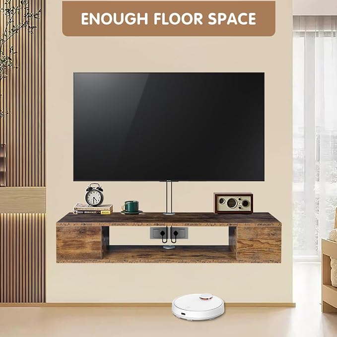 GHC Floating TV Stand, Wall Mounted Entertainment Center and Cabinet Shelf, TV Console with Storage, Media Console for DVD Player, Space-Saving Under TV Shelf for Bedroom (Rustic Brown) - Image 7
