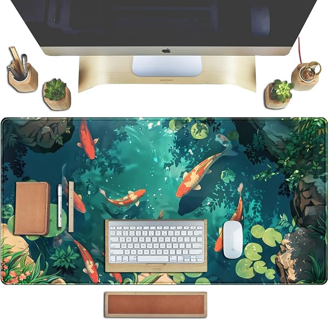 Koi Fish Desk Mat Gaming Koi Pond Desk Pad Large Cute Mouse Pad, Goldfish Mouse Mat XXL Laptop Keyboard Pad, Blue Waters Gamer Mouse Pad Full Mousepads Cool Office Accessories 31.5"x15.7" - Image 5