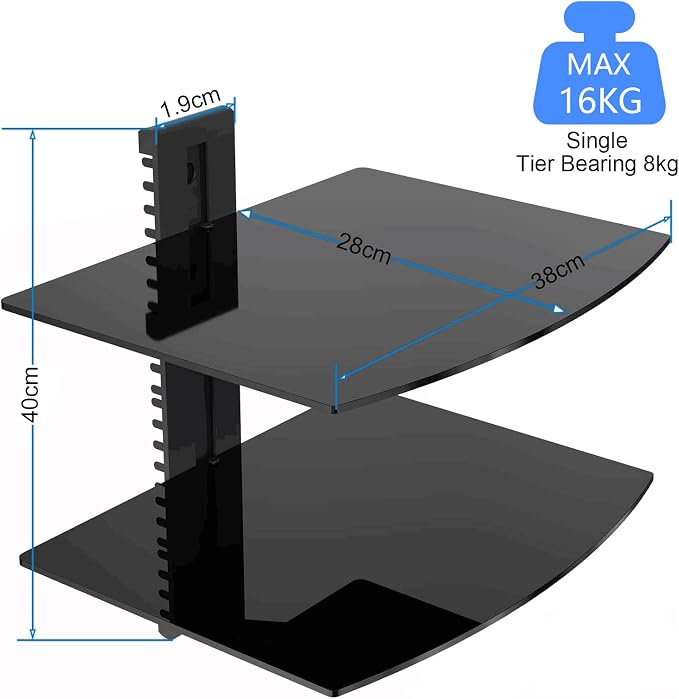 Suptek Glass Floating Shelves, TV Wall Mount with Shelf for DVD Player / PS4 / Cable Boxes/Game Consoles/Sky Box/TV Accessories, Flat Black 2-Tier Wall Mount Bracket - Image 3