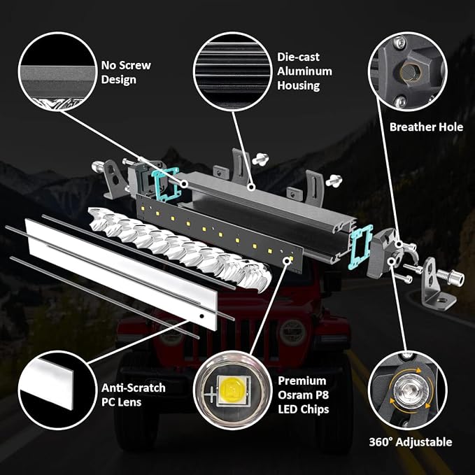 LASFIT 12 inch LED Light Bar Slim Single Row Offroad Spot Flood Combo Light - Image 8