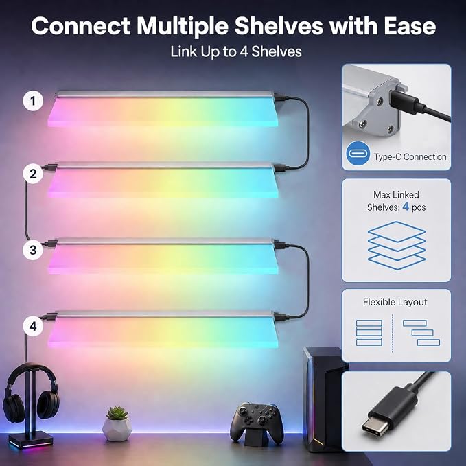 RGB LED Floating Shelves, 2-Pack, App Control, Gaming Room Decor - Image 8