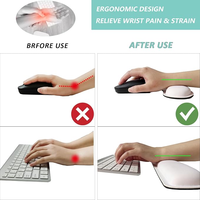 Keyboard Wrist Rest Mouse Wrist Support Set, Memory Foam Wrist Rest Pad for Computer Laptop Keyboard Mouse, Ergonomic Wrist Cushion Support for Typing Pain Relief, Gaming Home Office, White - Image 2