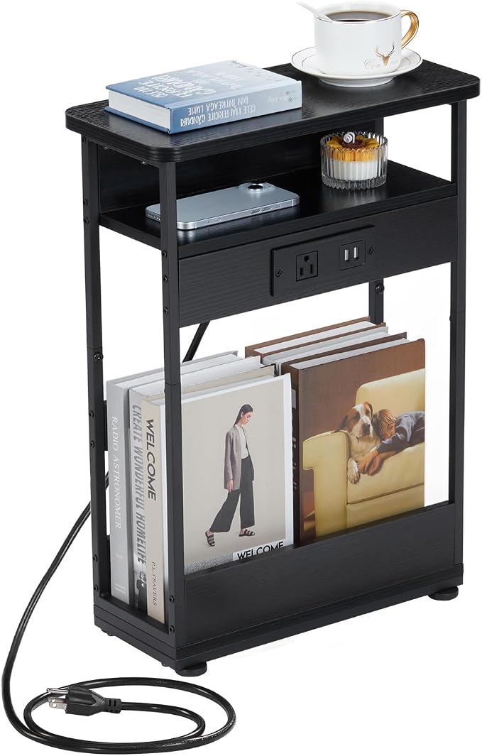 YEAKOO Narrow Side Table with Charging StationSmall Spaces Narrow End Table by YEAKOO