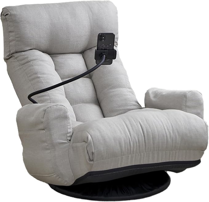 360° Swivel Floor Gaming Chair Linen Folding Lounge Sofa Chair with Adjustable Head and Waist, Armrests & Phone Holder, Padded Cushion Leisure Chairs for Living Room Bedroom (Grey) - Image 9