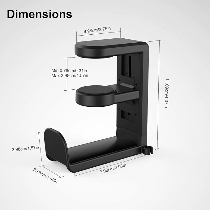 Rotating Headphone Stand, Gaming Headset Stand, Headphone Hanger Hook Under Desk with 360 Degree Swivel & Cable Clip Organizer, Adjustable Clamp-on Headset Holder Mount Hook, Space Saving, Black - Image 2