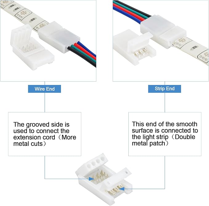 4 Pin 10mm LED Strip Light Connectors, 22 AWG RGB Extension Wire - Image 3