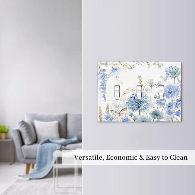 Decorative Light Switch Cover Plate Blue Floral Hydrangea Watercolor Wildflower 3 Gang Wall Plate Triple Toggle Switch Plate Covers 3 Hole Electrical Switchplate Dimmer Faceplate for Bathroom - Image 7