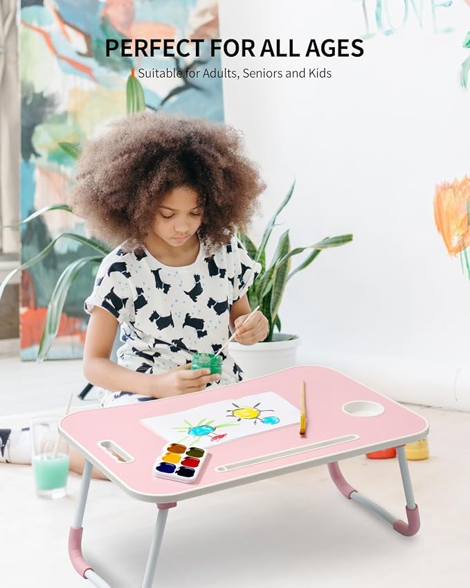FISYOD Foldable Laptop Table, Portable Lap Desk Bed Table Tray, Laptop Stand with Cup Holder & Tablet Slot & Lifting Handle for Working Writing Drawing & Eating (Light Pink) - Image 4