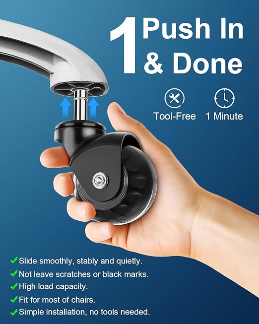 RidRed Office Chair Wheels Replacement Heavy Duty 2 Inch Roller Blade Wheels for Carpet Hardwood Floors,Support 2000 LB, Rubber Rollerblade Desk Chair Casters, Standard Stem Universal Fit, Set of 5 - Image 8