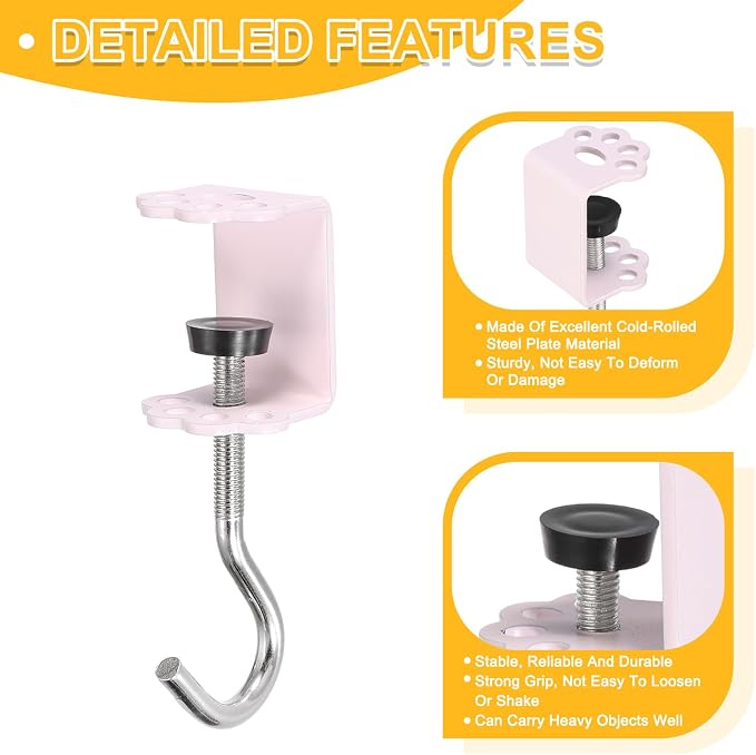 PATIKIL Desk Hook, 2Pcs Desk Mount Bag Holder Hook Cat Claws J Hooks for Hanging Bag Backpack Under Desk Clamp Purse Adjustable Headphone Table Closet Door Under Counter, Pink - Image 3