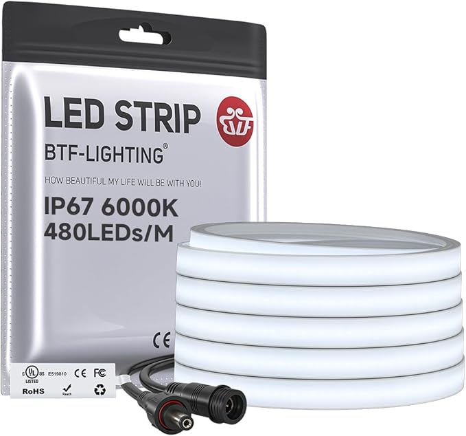 BTF-LIGHTING UL Listed IP67 Waterproof COB LED Strip Cool White 6000K by BTF-LIGHTING