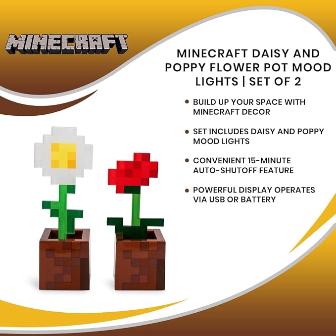 Minecraft Daisy and Poppy Flower Pot Mood Lights, Set of 2 | Nightstand Table Lamp with LED Light for Bedroom, Desk, Living Room | Home Decor Room Essentials | Video Game Gifts and Collectibles - Image 7