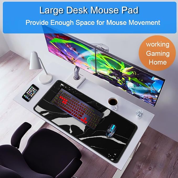 Large Mouse Pad, 31.5x15.7 inch Large Extended Computer Keyboard Mouse Mat, Water Resist Non-Slip Mousepad Rubber Base Long XXL Desk Mouse Pad for Work & Gaming, Office & Home, Black White - Image 6