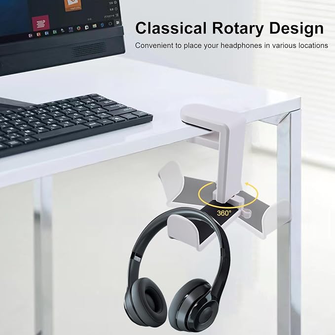 Rotating Headphone Stand, Gaming Headset Stand, Headphone Hanger Hook Under Desk with 360 Degree Swivel & Cable Clip Organizer, Adjustable Clamp-on Headset Holder Mount Hook, Space Saving, White - Image 5