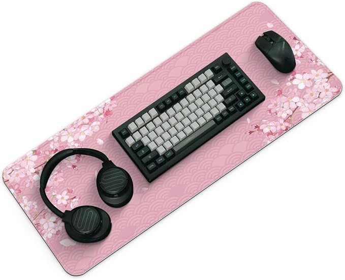 Gaming Mouse Pad with Anti-Slip Rubber Base, Extended Large Computer Mouse Mat with Stitched Edges, Long XL Anime Mousepad for Laptop and Keyboard, 31.5 x 11.8 inch (Pink Cherry Blossom) - Image 3