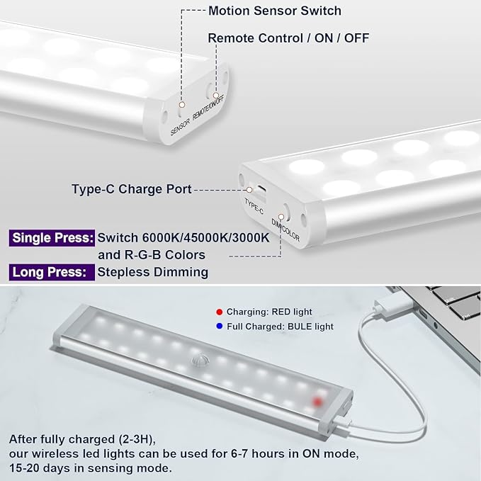 Under Cabinet Lights Wireless, 58-LED Rechargeable Motion Sensor Closet Lights with Remote Control, RGB Color Changing Under Counter Lights for Kitchen, Pantry, Bedroom, Stairs, 4 Pack - Image 7