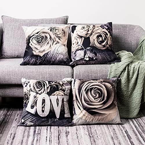 Set of 4 Rose Flower Decorative Throw Pillow Covers 20x20” Beige Cream Flower Pattern Pillow Cases Square Sofa Bed Home Decor Vintage Floral Pillow Cushion Cases Cotton Linen Outdoor Home Decorative - Image 2