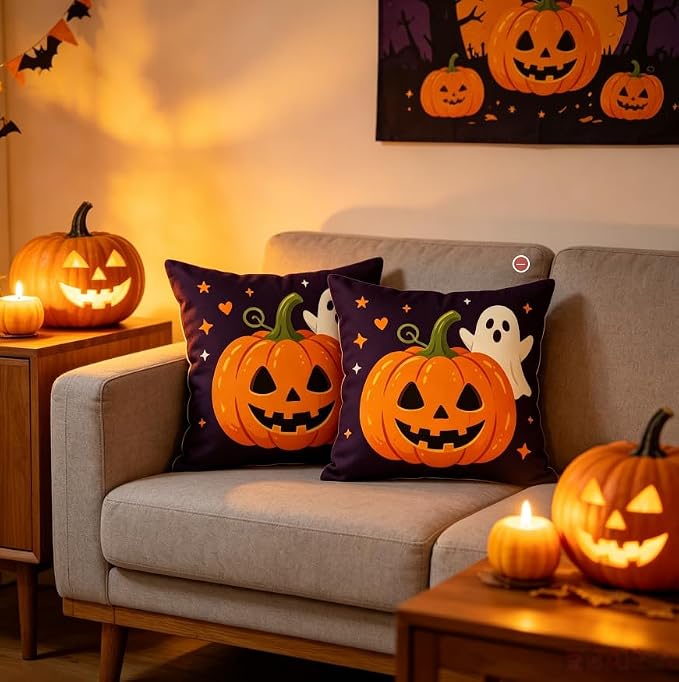 Halloween Decorations Throw Pillow Covers, Jack-O-Lantern Pumpkin and Ghost Design, Purple,Linen, 18x18 Inch, Set of 2，Halloween Decor Pillow Indoor, Halloween Decoration - Image 2