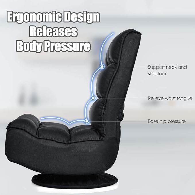 Giantex 360 Degree Swivel Floor Chair, Folding Floor Gaming Chair with 6 Positions Adjustable, Lazy Sofa Lounge Chair w/Tufted Back Support, Video Gaming Chair for Reading TV Watching (Black) - Image 5