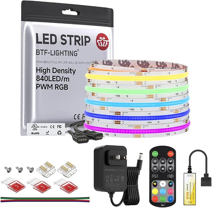 BTF-LIGHTING 16.4FT RGB Color Changing UL Listed DC24V COB LED Strip Kit by BTF-LIGHTING