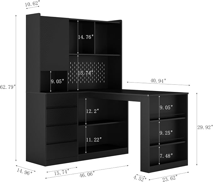 KEIKI L Shaped Home Office Desks with LED Light, Pegboard, Hutch, Drawers, Bookshelf & Storage Shelves, Modern Wooden Gaming Computer Corner Table for Work, Study, Writing - Image 2