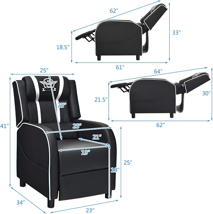 Giantex Gaming Recliner Chair, Adjustable Massage Gaming Chairs for Adults, Ergonomic Comfortable Lounge Leather Sofa w/Footrest, Remote Control, Side Pocket, Racing Style Single Sofa Recliners, White - Image 3