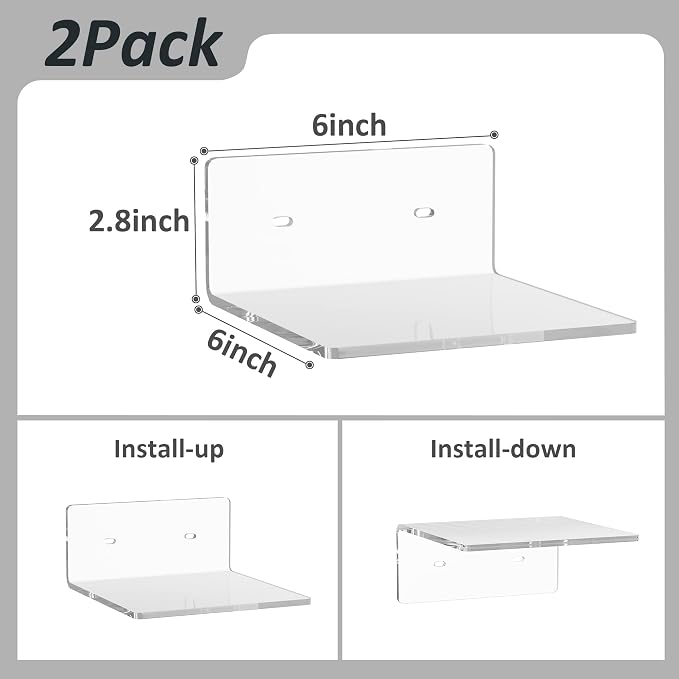 Sezanrpt 6 Inches Acrylic Small Wall Shelves 2 Pack, Floating Shelf for Wall Mounting, Acrylic Display Ledges for Funko Pop Figures, Home Décor, Living Room, Gaming Room, Plants(6 inch, Clear) - Image 3