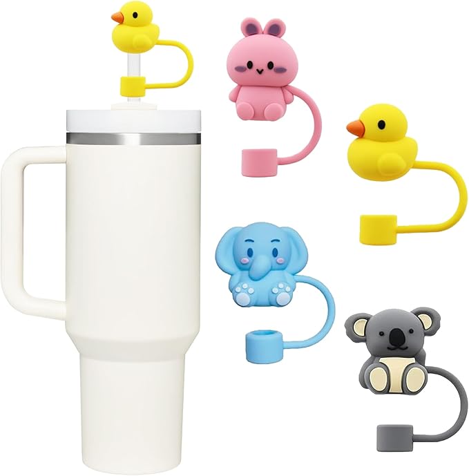 4 Pcs 0.4in Straw Cover for Stanley Cup, Silicone Straw Topper Set for 30&40oz Stanley Tumble, Fit for 10mm/0.4in Straws (Animal) by Vikgle