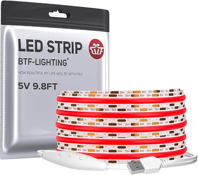 BTF-LIGHTING 5V USB COB LED Strip Lights 9.8FT Red Color for TV by BTF-LIGHTING