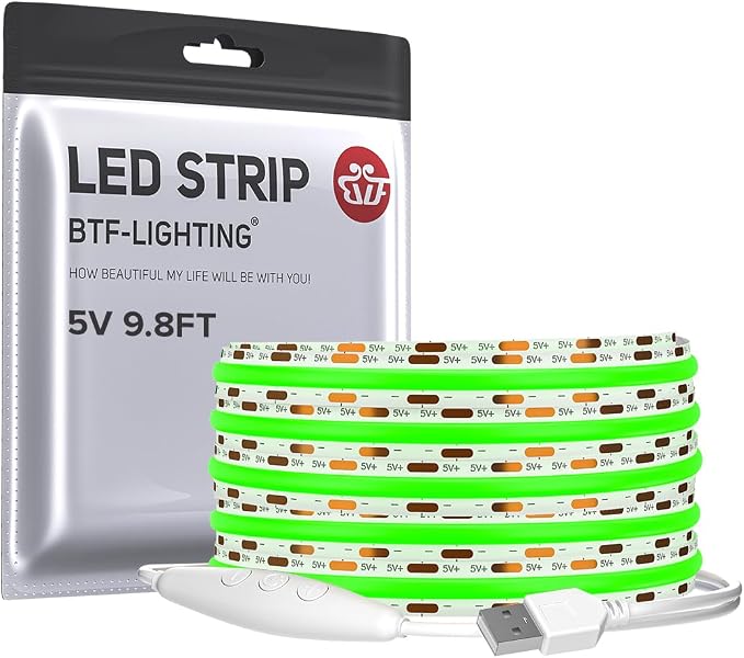 BTF-LIGHTING 5V USB COB LED Strip Lights 9.8FT Green Color for TV by BTF-LIGHTING